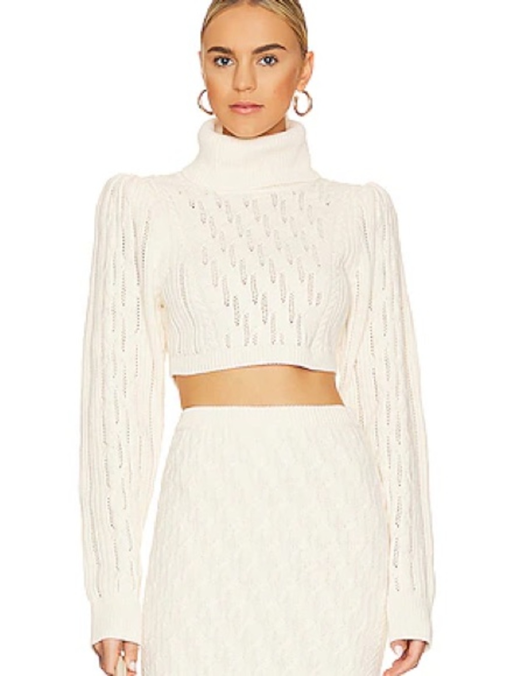 LPA Cream Cropped Cable Turtleneck Sweater and skirt